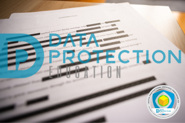 The Data Protection Education Logo in blue imposed on black redaction of text on a white document. DPE data protection education DPO services badge